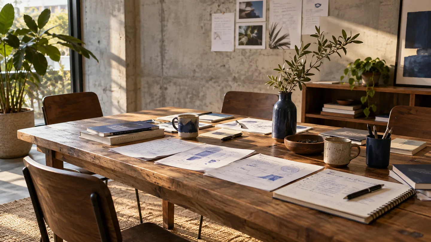 A sunlit working space with marked-up papers and a timber table
