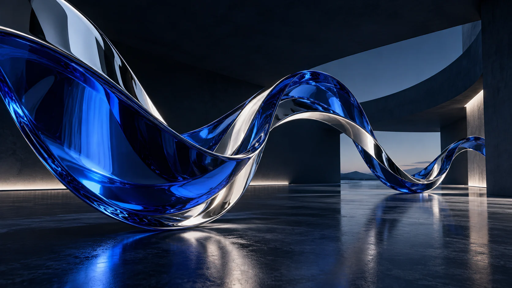 A sculptural chrome and cobalt ribbon sweeping through light