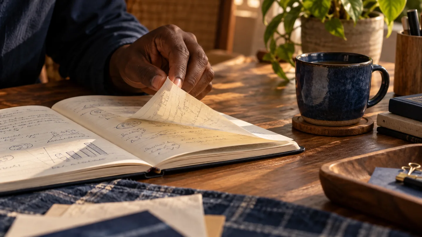 A hand turning a notebook page beside a blue ceramic cup