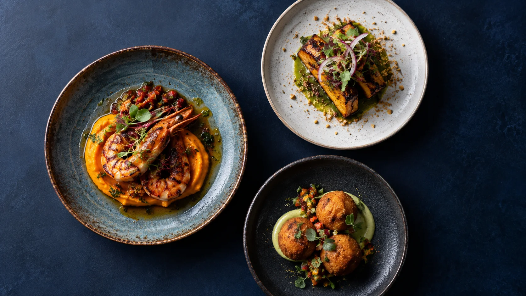 Three tasting dishes arranged for food evaluation
