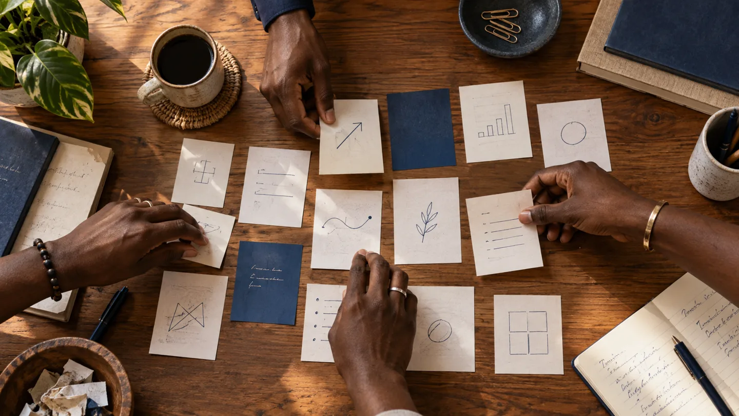 Hands arranging decision cards around a working table