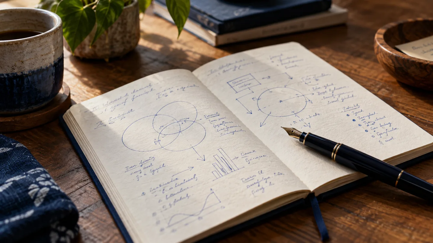 An open notebook of ideas and blue-ink diagrams