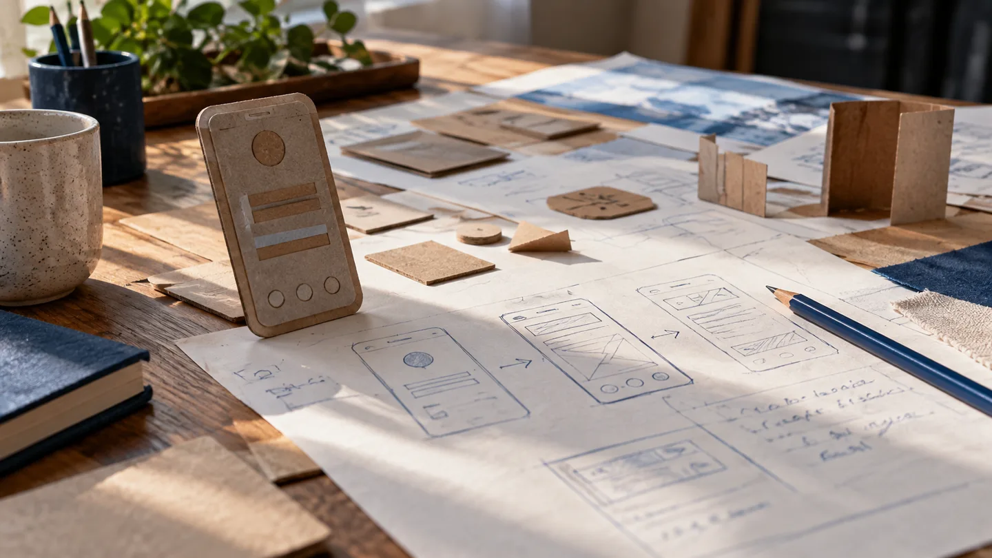 Paper prototypes and a storyboard taking shape