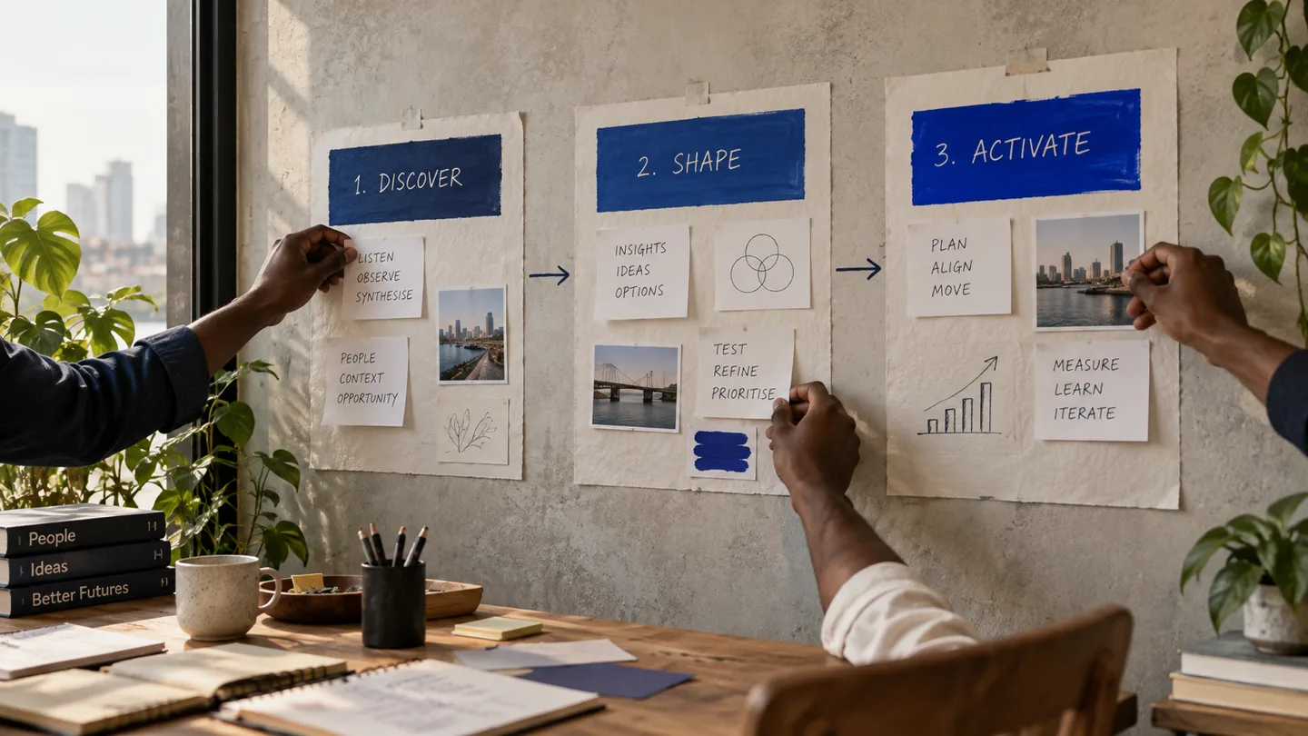 Hands arranging an activation roadmap on a working wall
