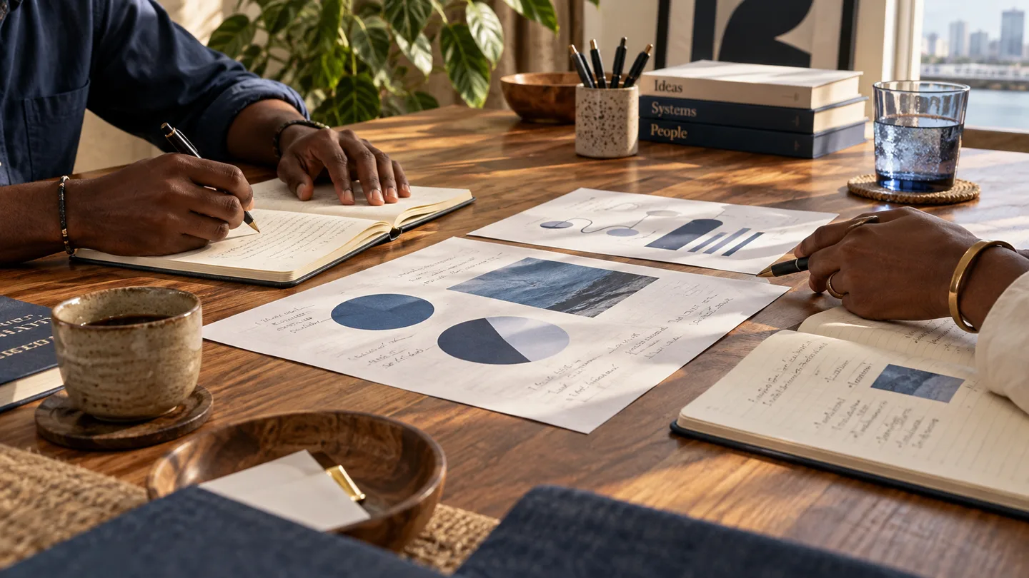 Two people working through notebooks and printed charts